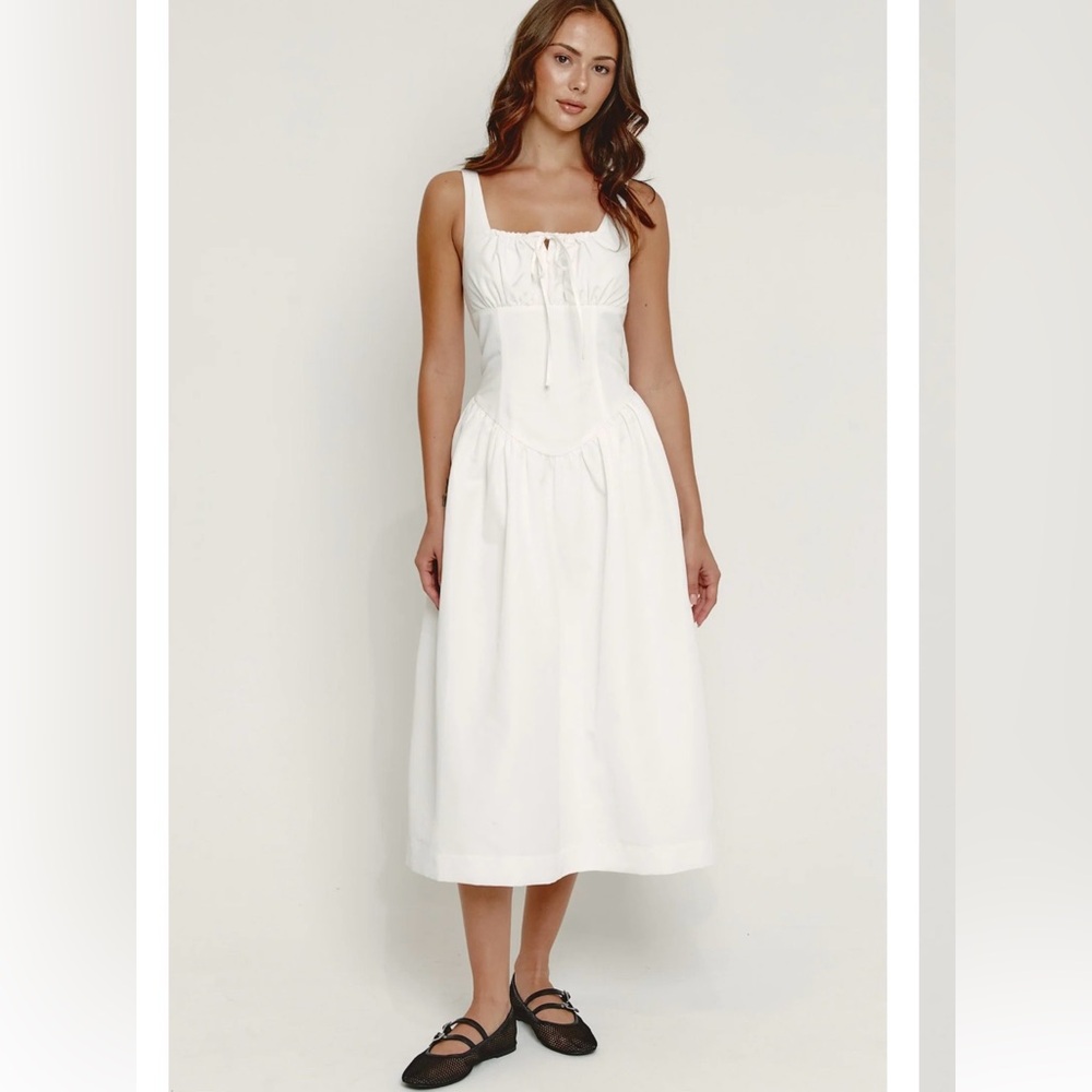 Rare London White Square-Neck Midi Dress with Front Tie